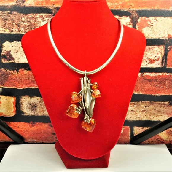 MASSIVE AMBER STERLING PENDANT & BROOCH WITH OMEGA WIRE NECKLACE, RARE JEWELRY - Picture 1 of 16